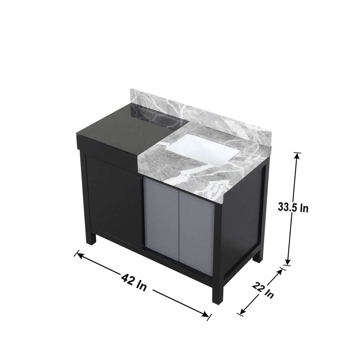 Lexora Zilara 42" Black and Grey Vanity, Castle Grey Marble Top, White Square Sink, Balzani Gun Metal Faucet Set, and 34" Frameless Mirror - LZ342242SLISM34FBG - MyBBQDirect