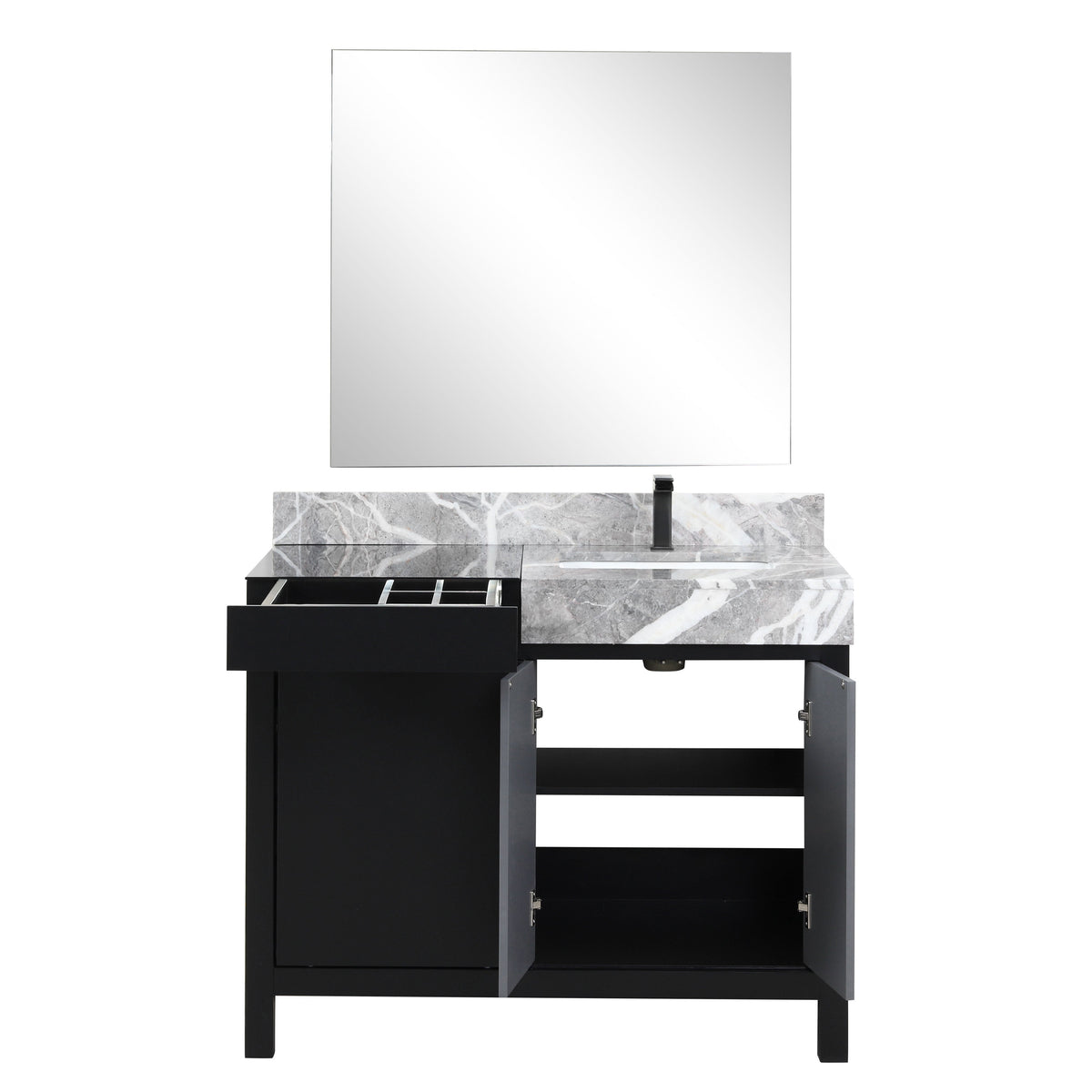 Lexora Zilara 42" Black and Grey Vanity, Castle Grey Marble Top, White Square Sink, Balzani Gun Metal Faucet Set, and 34" Frameless Mirror - LZ342242SLISM34FBG - MyBBQDirect