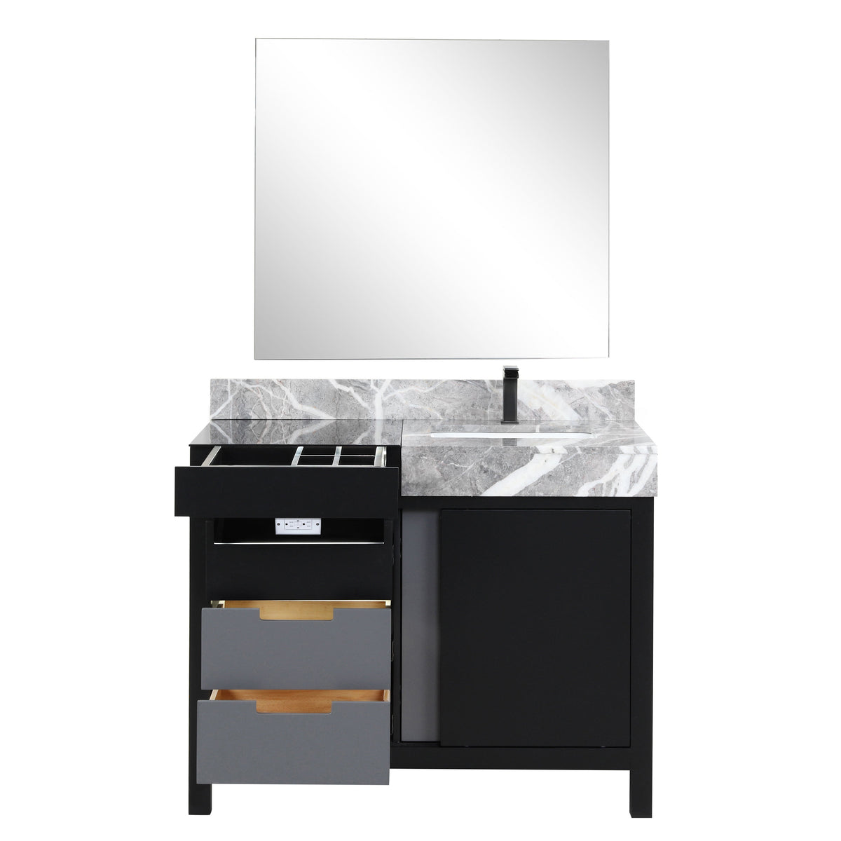 Lexora Zilara 42" Black and Grey Vanity, Castle Grey Marble Top, White Square Sink, Balzani Gun Metal Faucet Set, and 34" Frameless Mirror - LZ342242SLISM34FBG - MyBBQDirect