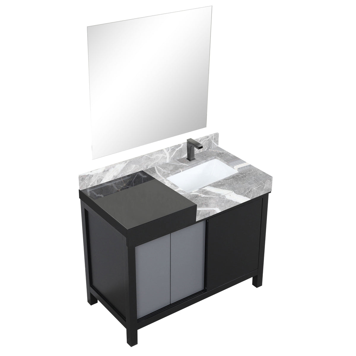 Lexora Zilara 42" Black and Grey Vanity, Castle Grey Marble Top, White Square Sink, Balzani Gun Metal Faucet Set, and 34" Frameless Mirror - LZ342242SLISM34FBG - MyBBQDirect