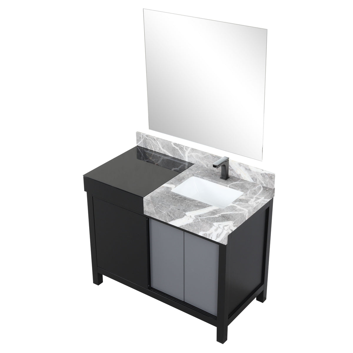 Lexora Zilara 42" Black and Grey Vanity, Castle Grey Marble Top, White Square Sink, Balzani Gun Metal Faucet Set, and 34" Frameless Mirror - LZ342242SLISM34FBG - MyBBQDirect