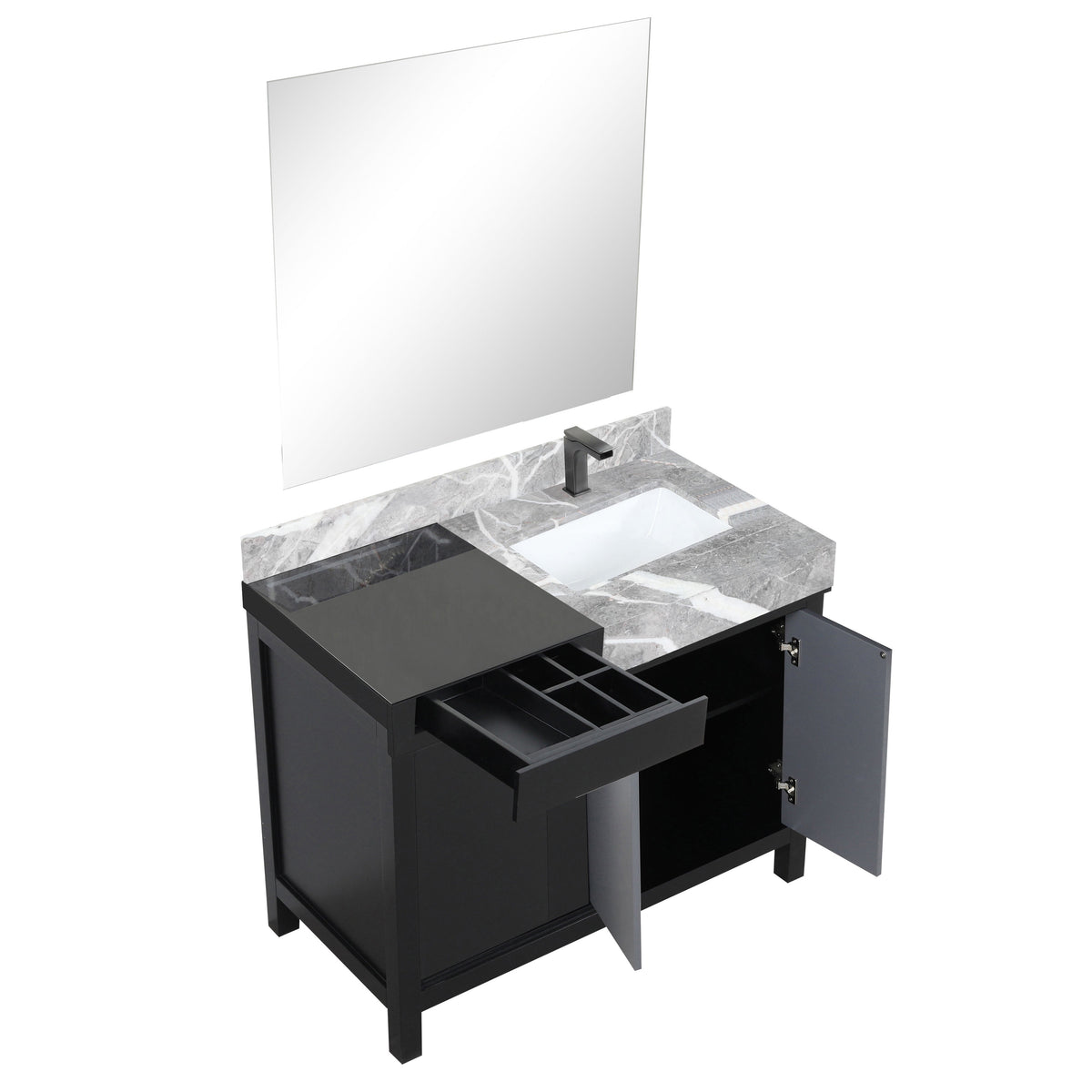 Lexora Zilara 42" Black and Grey Vanity, Castle Grey Marble Top, White Square Sink, Balzani Gun Metal Faucet Set, and 34" Frameless Mirror - LZ342242SLISM34FBG - MyBBQDirect