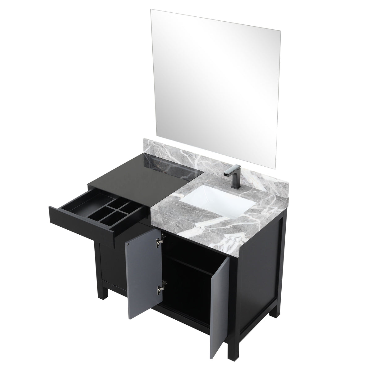 Lexora Zilara 42" Black and Grey Vanity, Castle Grey Marble Top, White Square Sink, Balzani Gun Metal Faucet Set, and 34" Frameless Mirror - LZ342242SLISM34FBG - MyBBQDirect