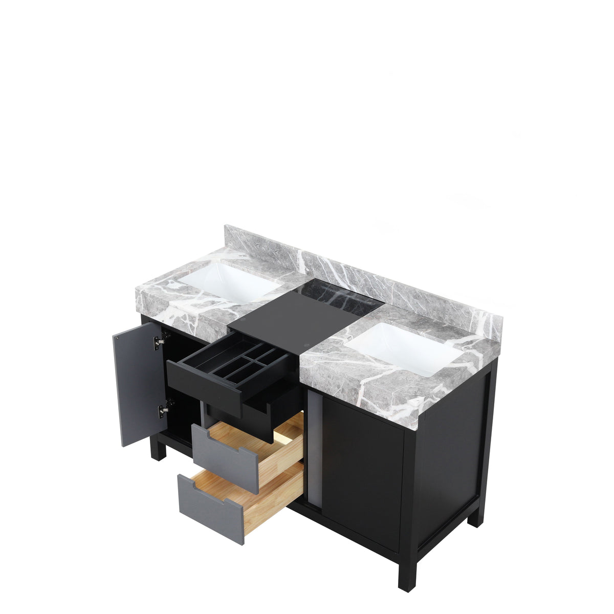 Lexora Zilara 55" Black and Grey Double Vanity, Castle Grey Marble Tops, and White Square Sinks - LZ342255SLIS000 - MyBBQDirect
