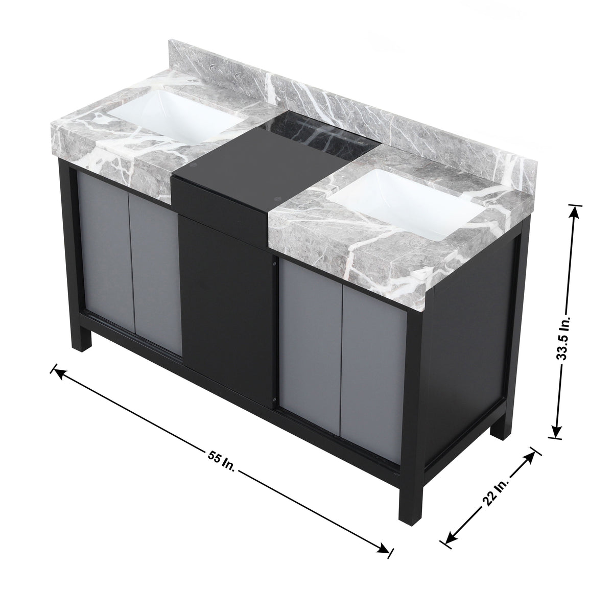 Lexora Zilara 55" Black and Grey Double Vanity, Castle Grey Marble Tops, and White Square Sinks - LZ342255SLIS000 - MyBBQDirect