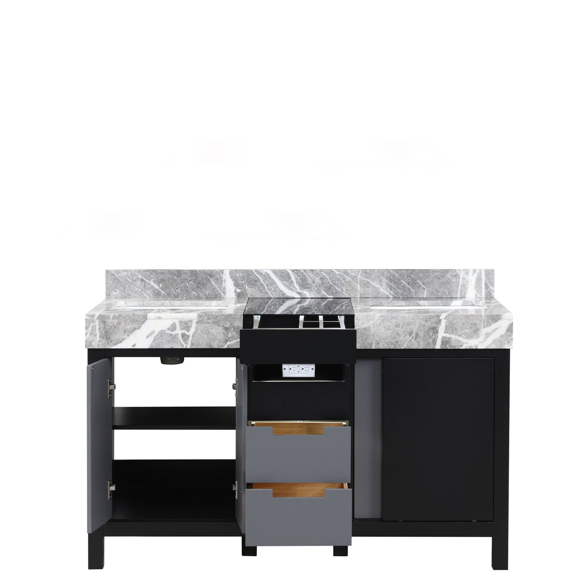 Lexora Zilara 55" Black and Grey Double Vanity, Castle Grey Marble Tops, and White Square Sinks - LZ342255SLIS000 - MyBBQDirect