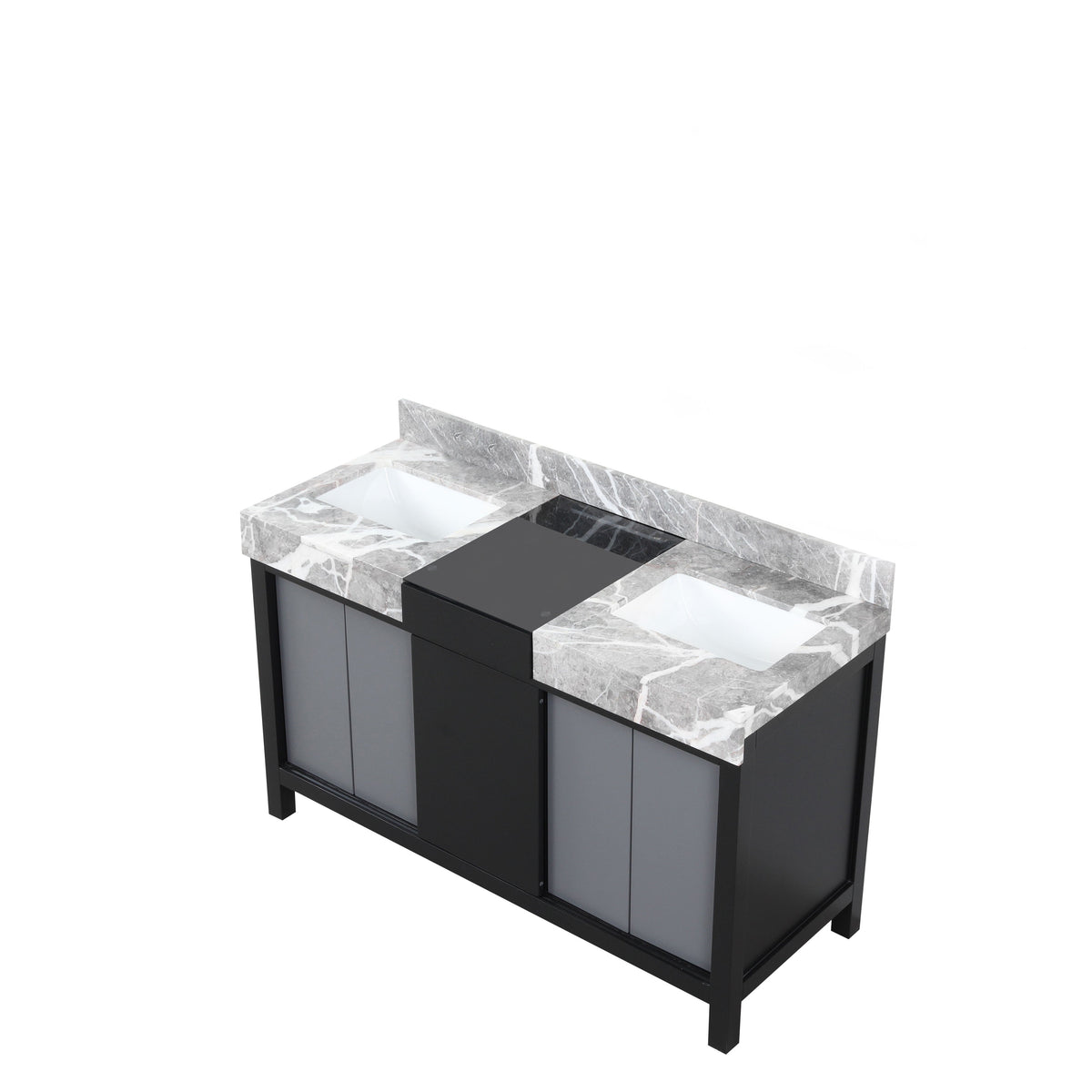 Lexora Zilara 55" Black and Grey Double Vanity, Castle Grey Marble Tops, and White Square Sinks - LZ342255SLIS000 - MyBBQDirect