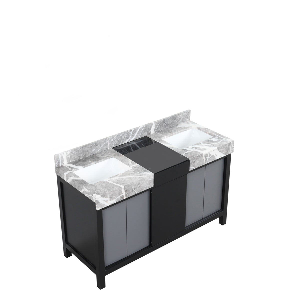Lexora Zilara 55" Black and Grey Double Vanity, Castle Grey Marble Tops, and White Square Sinks - LZ342255SLIS000 - MyBBQDirect