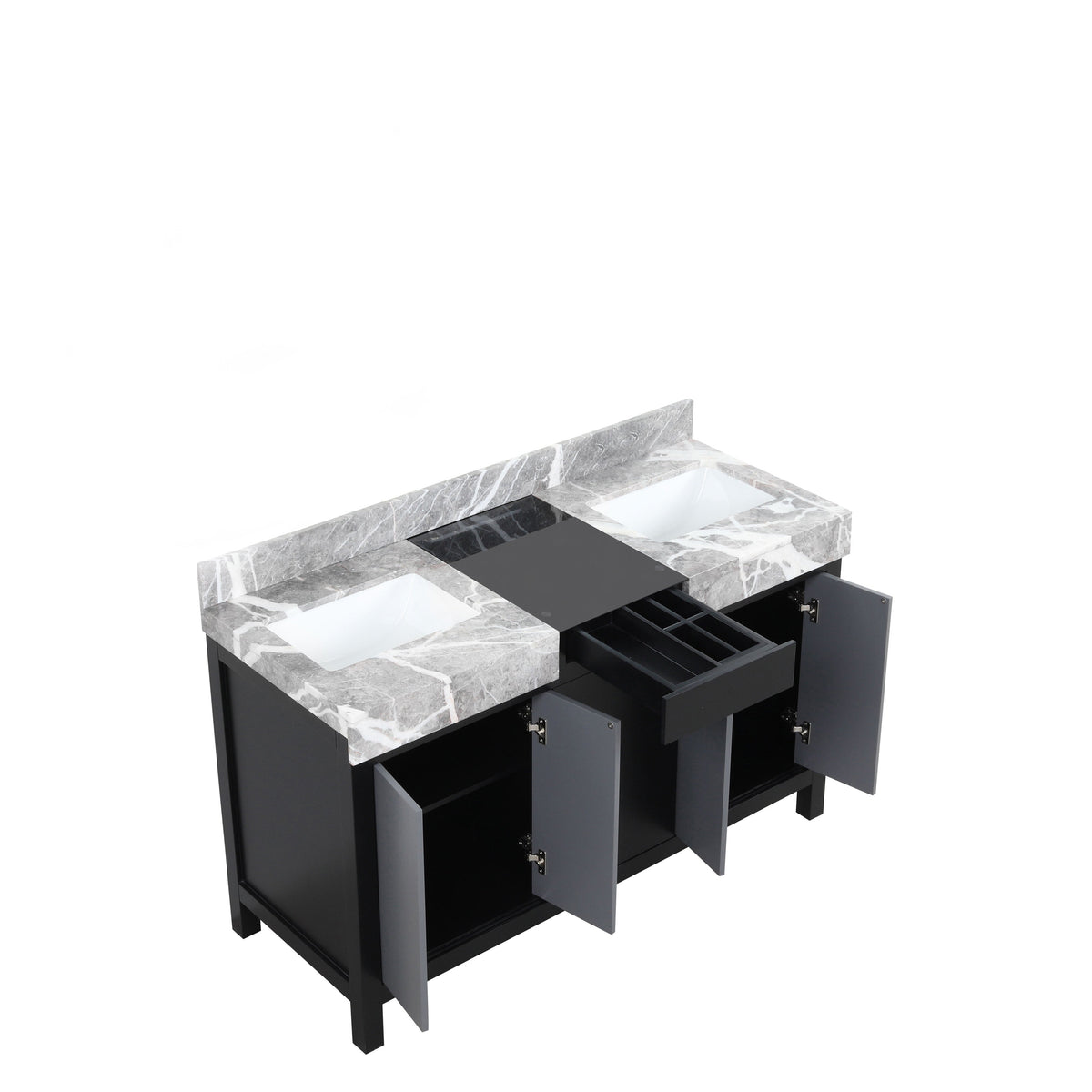 Lexora Zilara 55" Black and Grey Double Vanity, Castle Grey Marble Tops, and White Square Sinks - LZ342255SLIS000 - MyBBQDirect