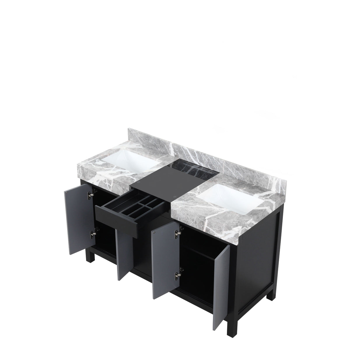 Lexora Zilara 55" Black and Grey Double Vanity, Castle Grey Marble Tops, and White Square Sinks - LZ342255SLIS000 - MyBBQDirect
