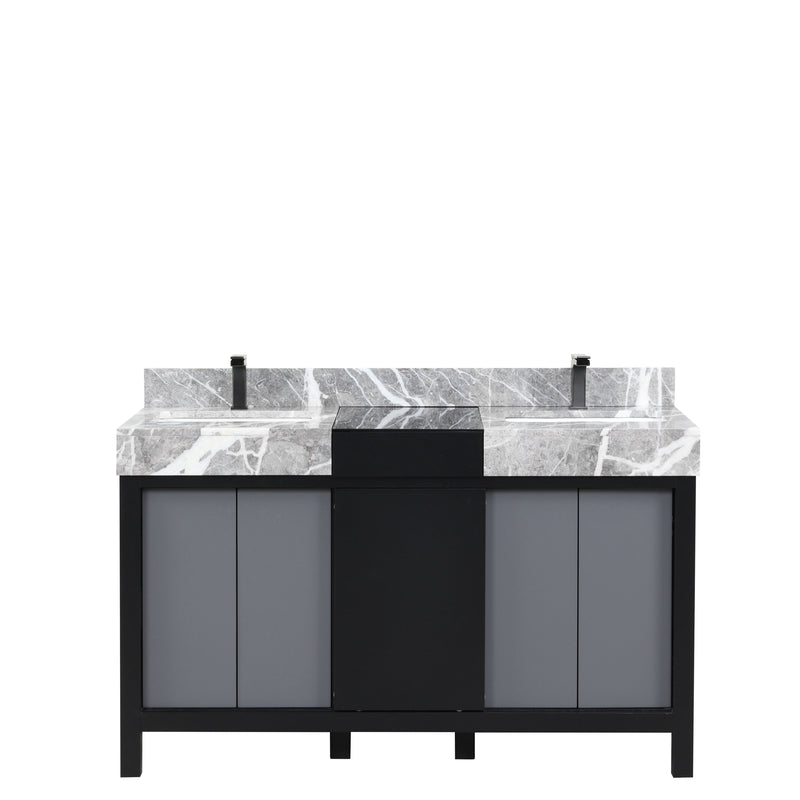 Lexora Zilara 55" Black and Grey Double Vanity, Castle Grey Marble Tops, White Square Sinks, and Balzani Gun Metal Faucet Set - LZ342255SLISFBG