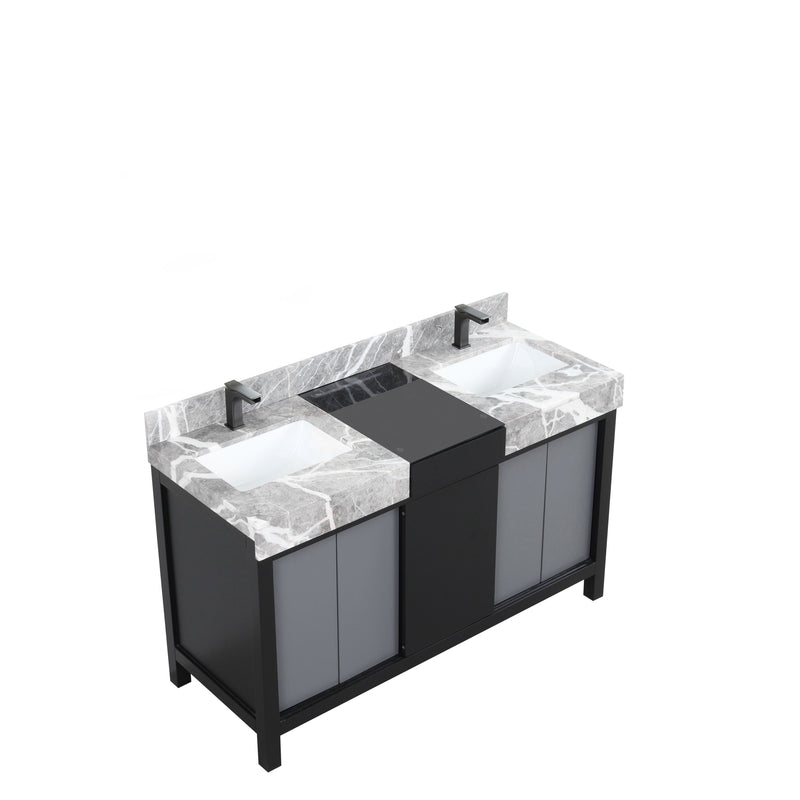 Lexora Zilara 55" Black and Grey Double Vanity, Castle Grey Marble Tops, White Square Sinks, and Balzani Gun Metal Faucet Set - LZ342255SLISFBG