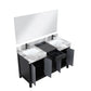 Lexora Zilara 55" Black and Grey Double Vanity, Castle Grey Marble Tops, White Square Sinks, Balzani Gun Metal Faucet Sets, and 53" Frameless Mirror - LZ342255SLISM53FBG