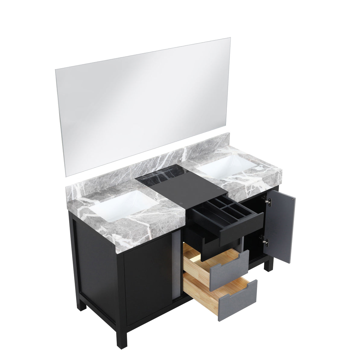 Lexora Zilara 55" Black and Grey Double Vanity, Castle Grey Marble Tops, White Square Sinks, and 53" Frameless Mirror - LZ342255SLISM53 - MyBBQDirect