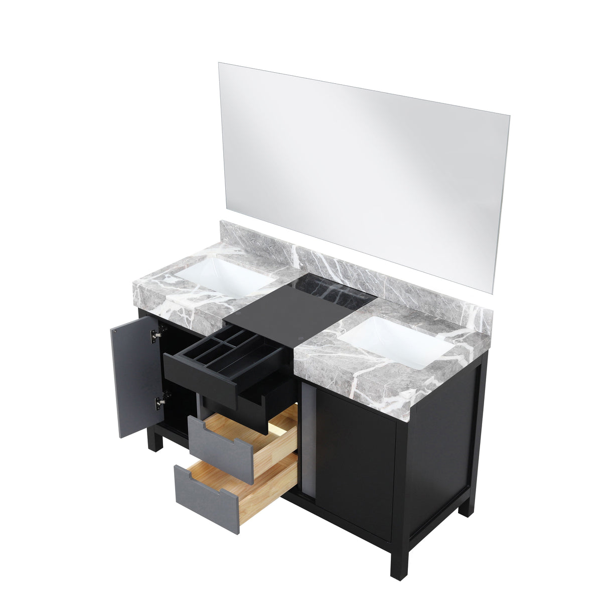 Lexora Zilara 55" Black and Grey Double Vanity, Castle Grey Marble Tops, White Square Sinks, and 53" Frameless Mirror - LZ342255SLISM53 - MyBBQDirect