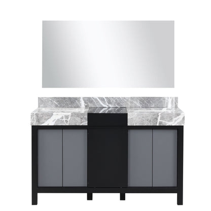Lexora Zilara 55" Black and Grey Double Vanity, Castle Grey Marble Tops, White Square Sinks, and 53" Frameless Mirror - LZ342255SLISM53 - MyBBQDirect