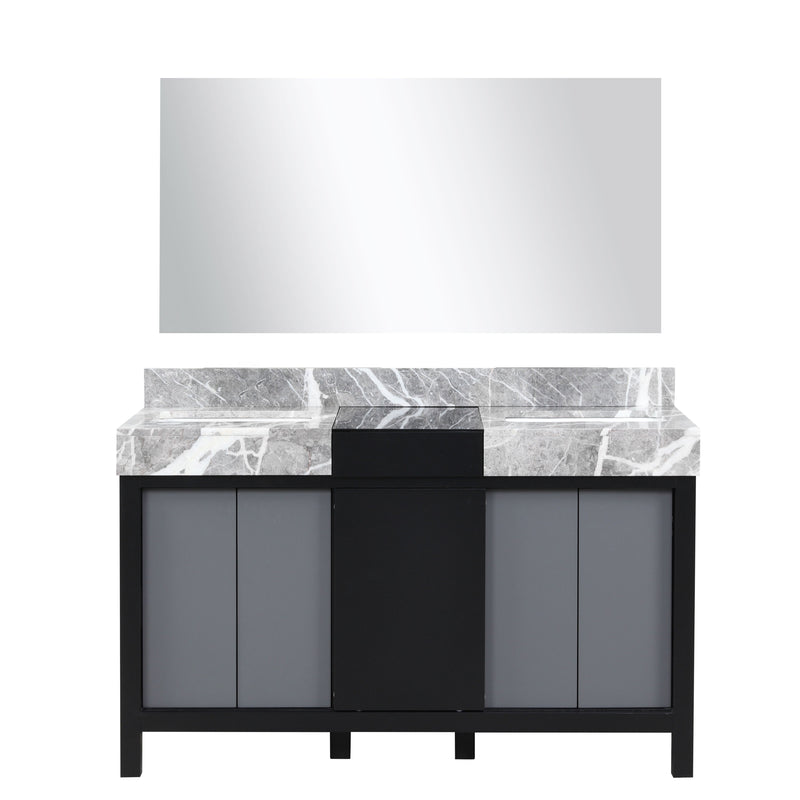 Lexora Zilara 55" Black and Grey Double Vanity, Castle Grey Marble Tops, White Square Sinks, and 53" Frameless Mirror - LZ342255SLISM53