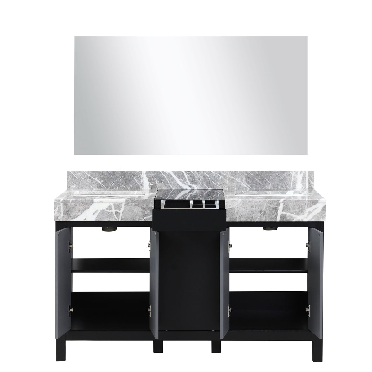 Lexora Zilara 55" Black and Grey Double Vanity, Castle Grey Marble Tops, White Square Sinks, and 53" Frameless Mirror - LZ342255SLISM53 - MyBBQDirect