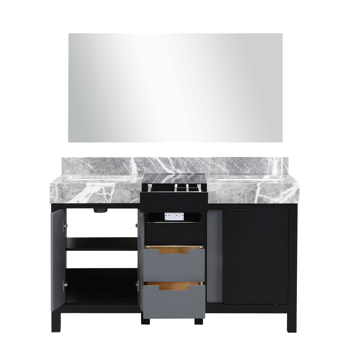 Lexora Zilara 55" Black and Grey Double Vanity, Castle Grey Marble Tops, White Square Sinks, and 53" Frameless Mirror - LZ342255SLISM53 - MyBBQDirect