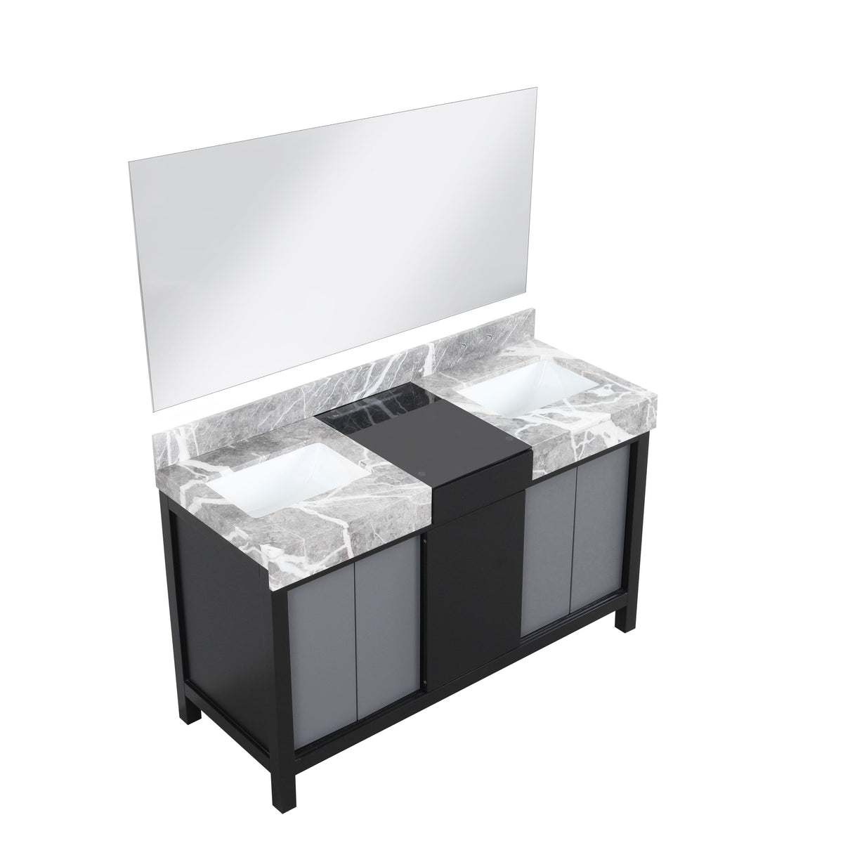 Lexora Zilara 55" Black and Grey Double Vanity, Castle Grey Marble Tops, White Square Sinks, and 53" Frameless Mirror - LZ342255SLISM53 - MyBBQDirect