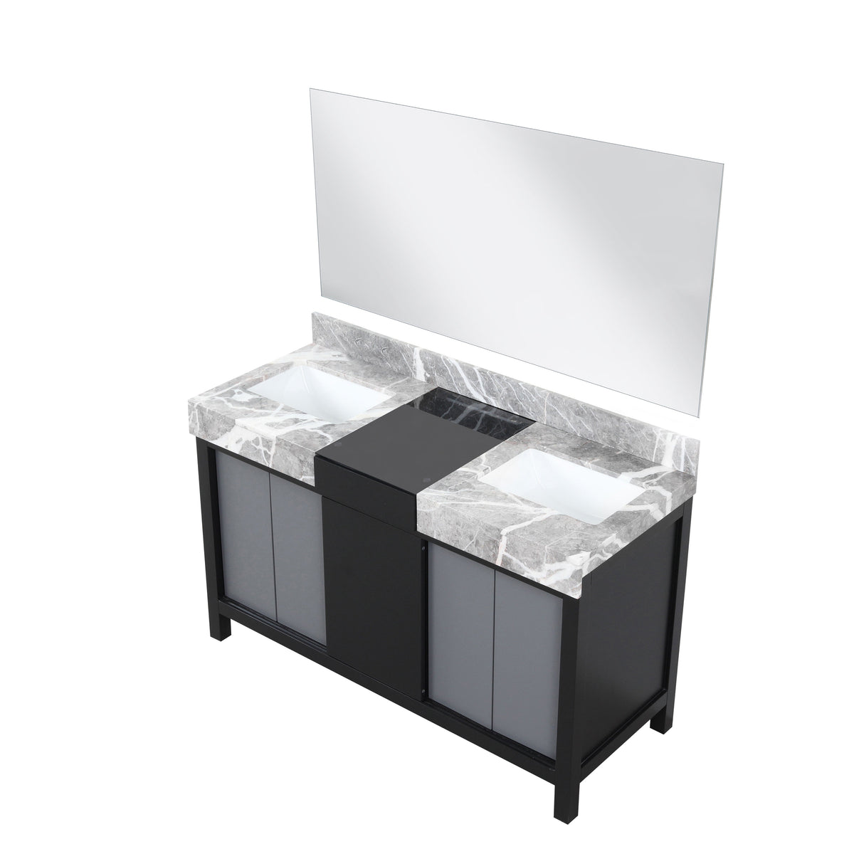 Lexora Zilara 55" Black and Grey Double Vanity, Castle Grey Marble Tops, White Square Sinks, and 53" Frameless Mirror - LZ342255SLISM53 - MyBBQDirect