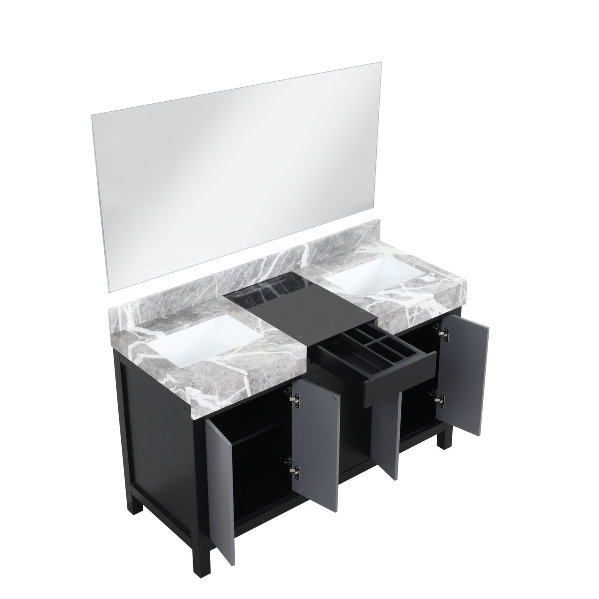 Lexora Zilara 55" Black and Grey Double Vanity, Castle Grey Marble Tops, White Square Sinks, and 53" Frameless Mirror - LZ342255SLISM53 - MyBBQDirect
