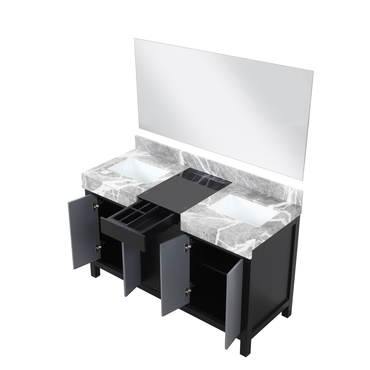Lexora Zilara 55" Black and Grey Double Vanity, Castle Grey Marble Tops, White Square Sinks, and 53" Frameless Mirror - LZ342255SLISM53 - MyBBQDirect