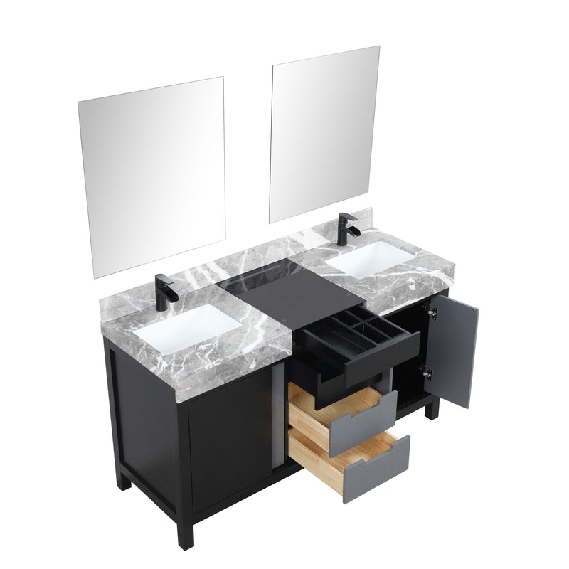 Lexora Zilara 60" Black and Grey Double Vanity, Castle Grey Marble Tops, White Square Sinks, Balzani Gun Metal Faucet Set, and 28" Frameless Mirrors - LZ342260DLISM28FBG