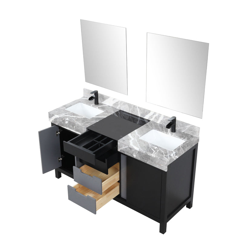 Lexora Zilara 60" Black and Grey Double Vanity, Castle Grey Marble Tops, White Square Sinks, Balzani Gun Metal Faucet Set, and 28" Frameless Mirrors - LZ342260DLISM28FBG