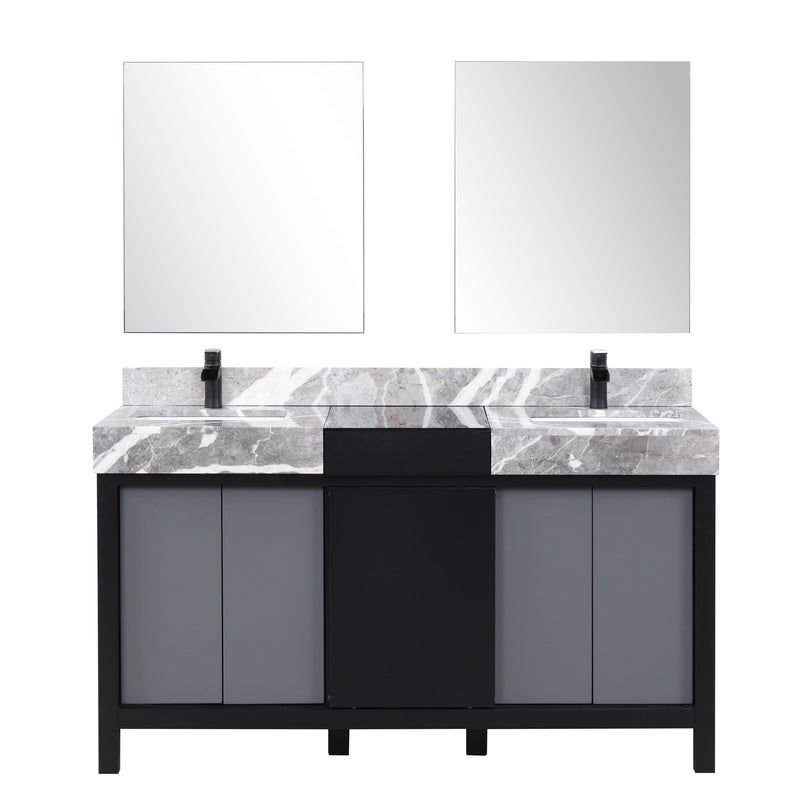 Lexora Zilara 60" Black and Grey Double Vanity, Castle Grey Marble Tops, White Square Sinks, Balzani Gun Metal Faucet Set, and 28" Frameless Mirrors - LZ342260DLISM28FBG