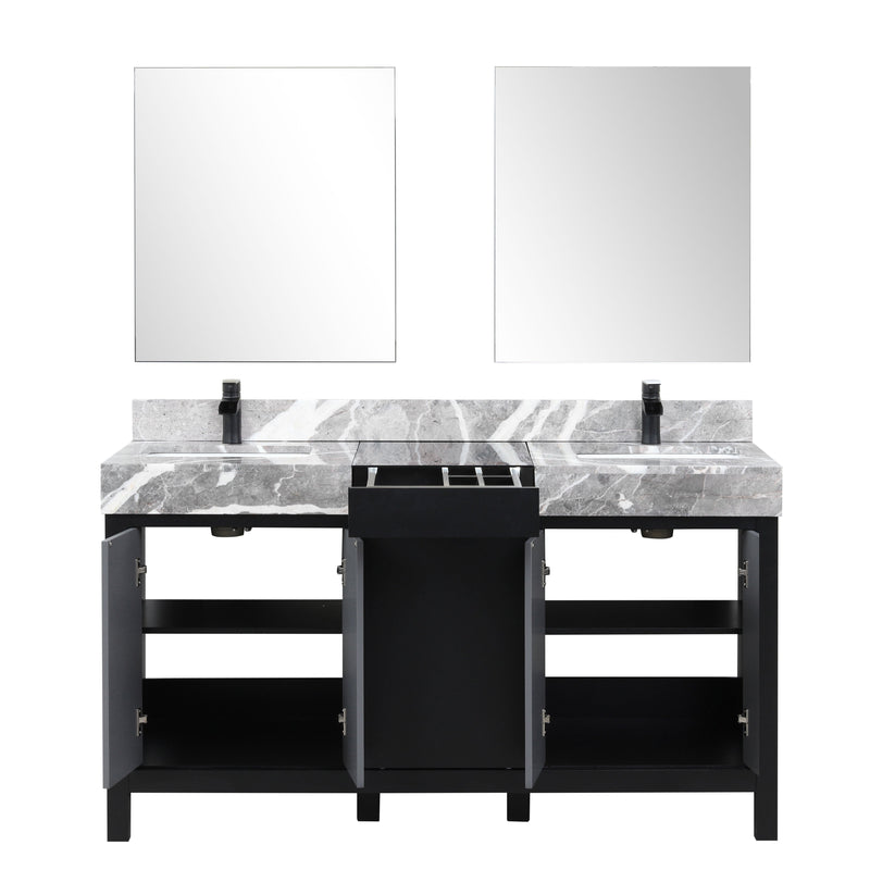 Lexora Zilara 60" Black and Grey Double Vanity, Castle Grey Marble Tops, White Square Sinks, Balzani Gun Metal Faucet Set, and 28" Frameless Mirrors - LZ342260DLISM28FBG