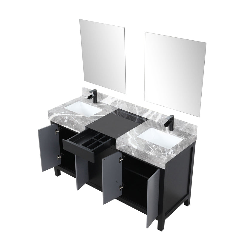 Lexora Zilara 60" Black and Grey Double Vanity, Castle Grey Marble Tops, White Square Sinks, Balzani Gun Metal Faucet Set, and 28" Frameless Mirrors - LZ342260DLISM28FBG