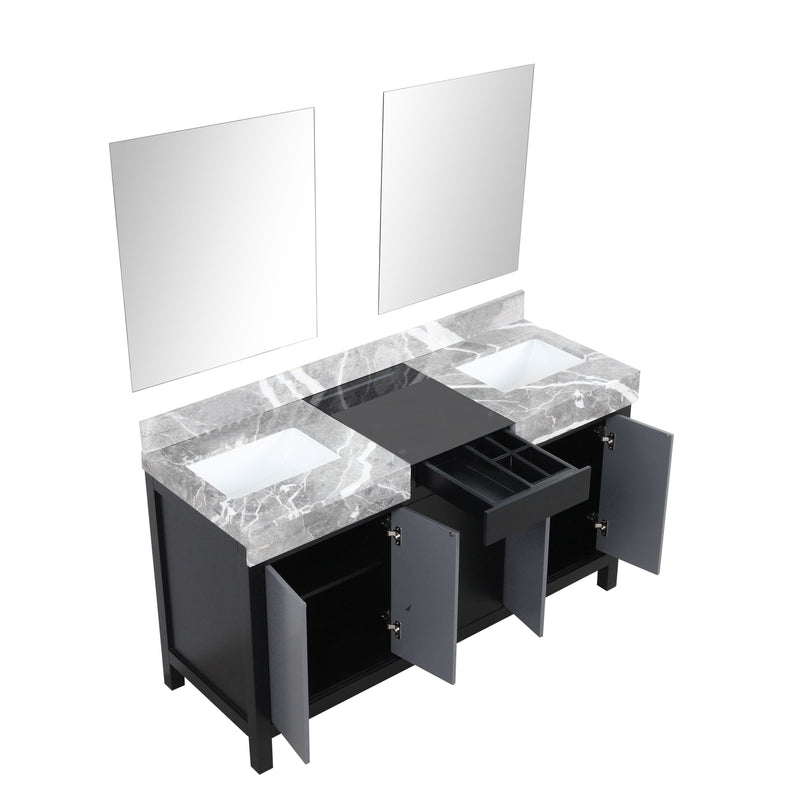 Lexora Zilara 60" Black and Grey Double Vanity, Castle Grey Marble Tops, White Square Sinks, and 28" Frameless Mirrors - LZ342260DLISM28