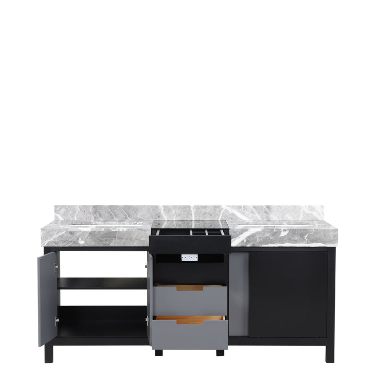 Lexora Zilara 72" Black and Grey Double Vanity, Castle Grey Marble Tops, and White Square Sinks - LZ342272DLIS000