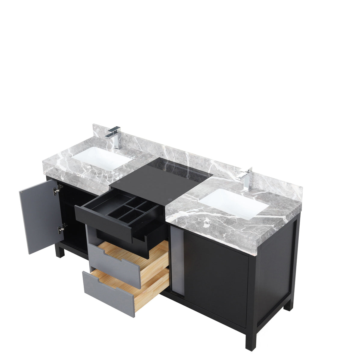 Lexora Zilara 72" Black and Grey Double Vanity, Castle Grey Marble Tops, White Square Sinks, and Balzani Gun Metal Faucet Set - LZ342272DLISFBG - MyBBQDirect