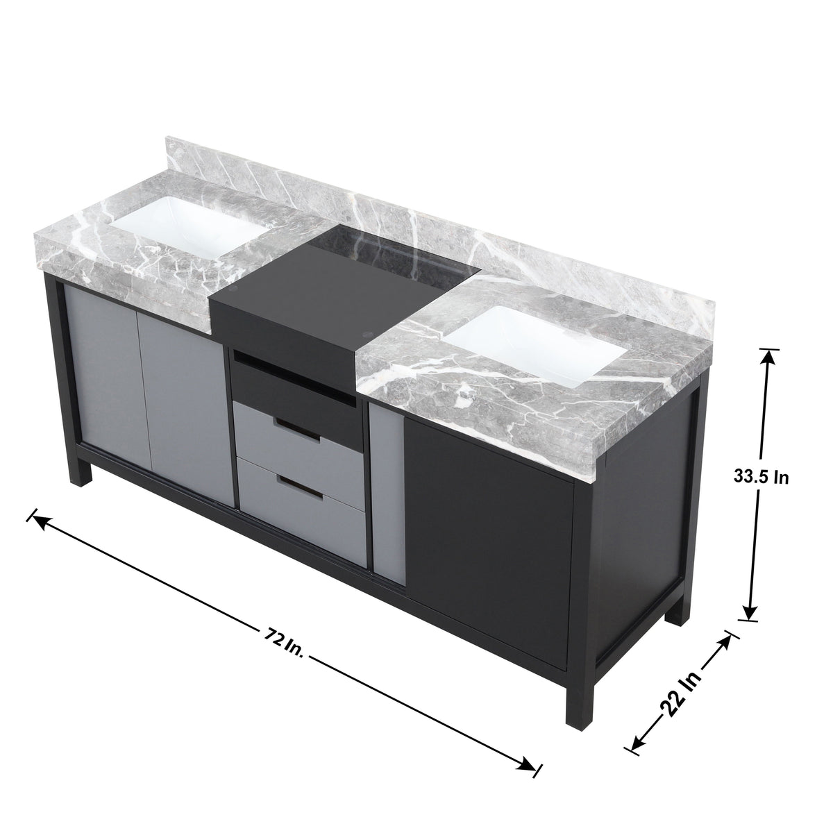 Lexora Zilara 72" Black and Grey Double Vanity, Castle Grey Marble Tops, White Square Sinks, and Balzani Gun Metal Faucet Set - LZ342272DLISFBG - MyBBQDirect