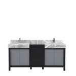 Lexora Zilara 72" Black and Grey Double Vanity, Castle Grey Marble Tops, White Square Sinks, and Balzani Gun Metal Faucet Set - LZ342272DLISFBG - MyBBQDirect