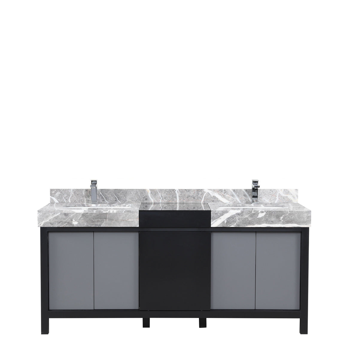 Lexora Zilara 72" Black and Grey Double Vanity, Castle Grey Marble Tops, White Square Sinks, and Balzani Gun Metal Faucet Set - LZ342272DLISFBG - MyBBQDirect