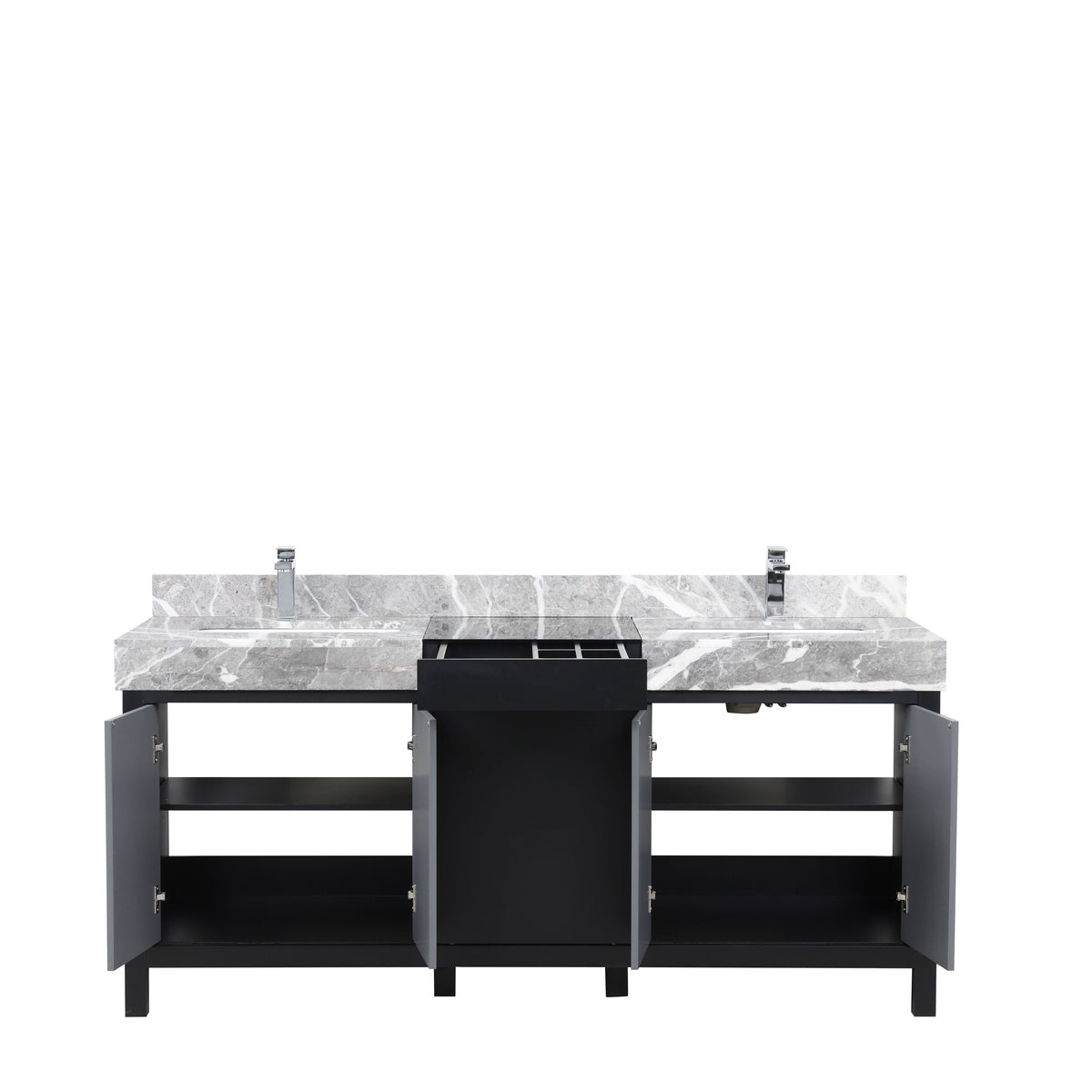 Lexora Zilara 72" Black and Grey Double Vanity, Castle Grey Marble Tops, White Square Sinks, and Balzani Gun Metal Faucet Set - LZ342272DLISFBG - MyBBQDirect
