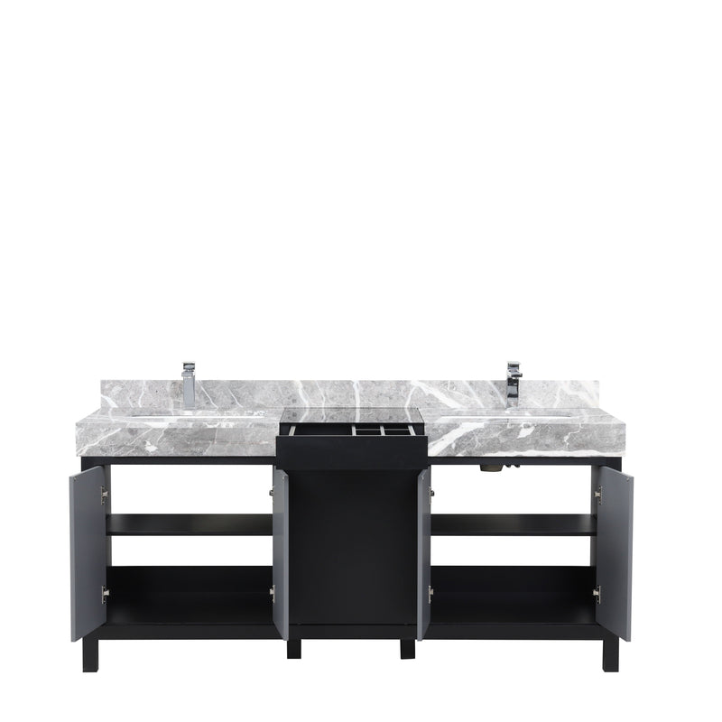 Lexora Zilara 72" Black and Grey Double Vanity, Castle Grey Marble Tops, White Square Sinks, and Balzani Gun Metal Faucet Set - LZ342272DLISFBG