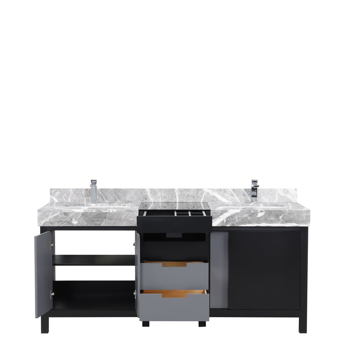 Lexora Zilara 72" Black and Grey Double Vanity, Castle Grey Marble Tops, White Square Sinks, and Balzani Gun Metal Faucet Set - LZ342272DLISFBG - MyBBQDirect