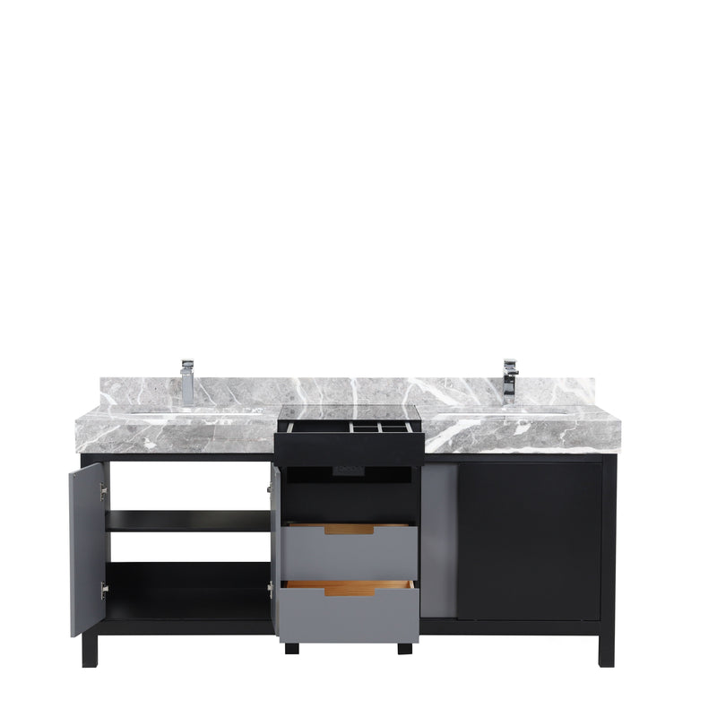 Lexora Zilara 72" Black and Grey Double Vanity, Castle Grey Marble Tops, White Square Sinks, and Balzani Gun Metal Faucet Set - LZ342272DLISFBG