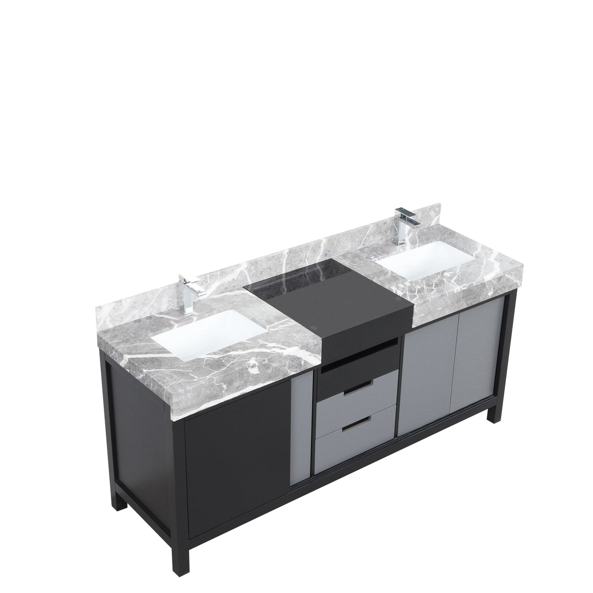Lexora Zilara 72" Black and Grey Double Vanity, Castle Grey Marble Tops, White Square Sinks, and Balzani Gun Metal Faucet Set - LZ342272DLISFBG - MyBBQDirect