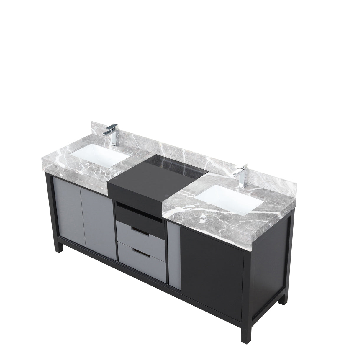 Lexora Zilara 72" Black and Grey Double Vanity, Castle Grey Marble Tops, White Square Sinks, and Balzani Gun Metal Faucet Set - LZ342272DLISFBG - MyBBQDirect