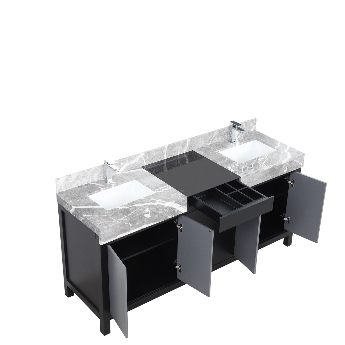 Lexora Zilara 72" Black and Grey Double Vanity, Castle Grey Marble Tops, White Square Sinks, and Balzani Gun Metal Faucet Set - LZ342272DLISFBG - MyBBQDirect