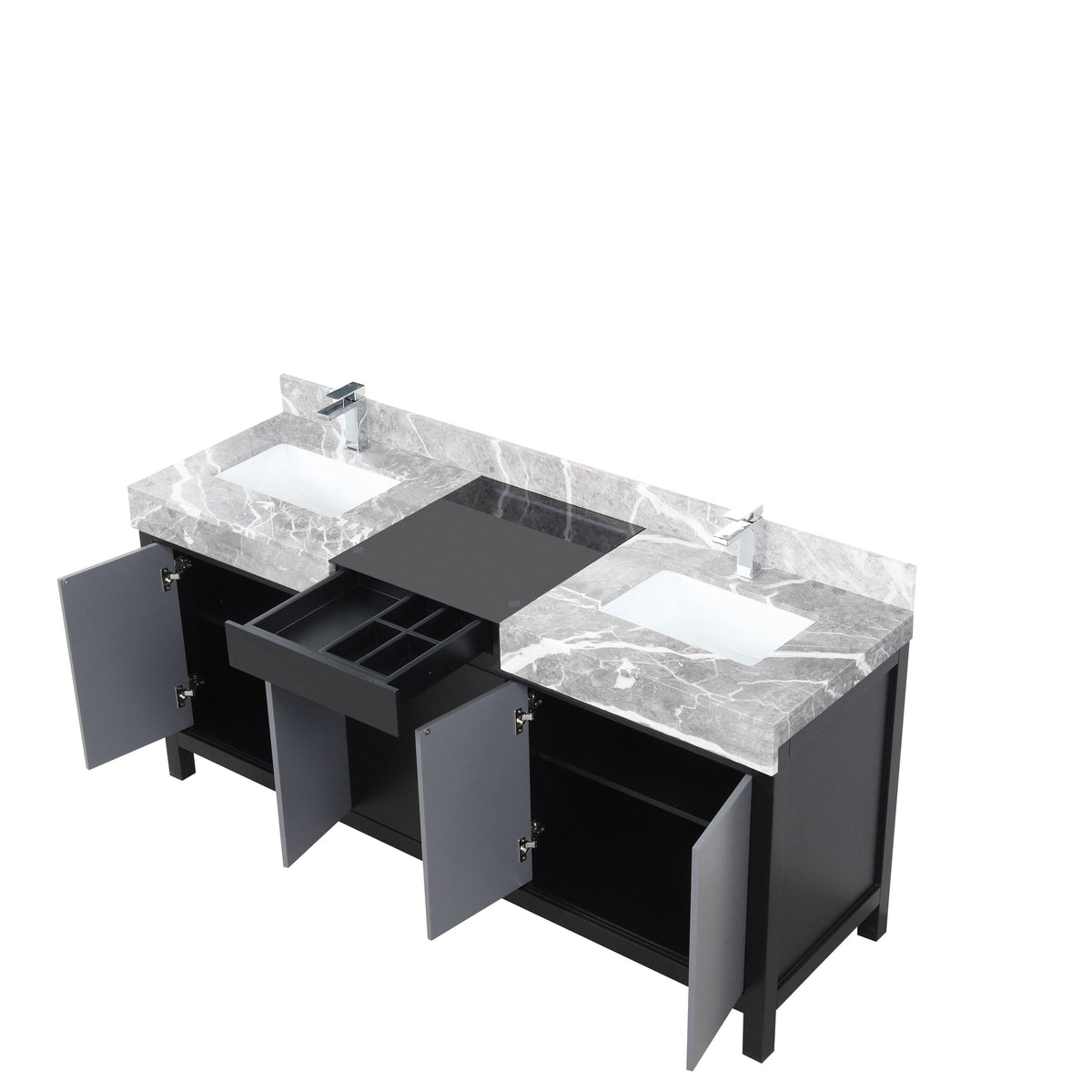Lexora Zilara 72" Black and Grey Double Vanity, Castle Grey Marble Tops, White Square Sinks, and Balzani Gun Metal Faucet Set - LZ342272DLISFBG - MyBBQDirect