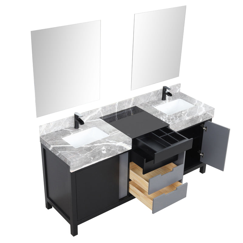 Lexora Zilara 72" Black and Grey Double Vanity, Castle Grey Marble Tops, White Square Sinks, Balzani Gun Metal Faucet Set, and 28" Frameless Mirrors - LZ342272DLISM28FBG