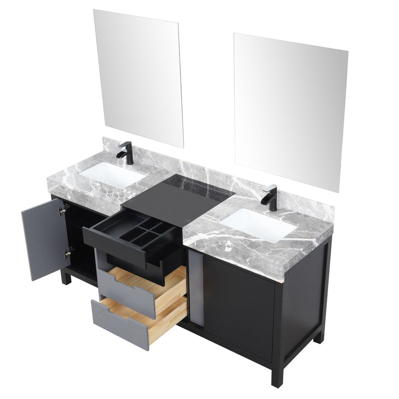 Lexora Zilara 72" Black and Grey Double Vanity, Castle Grey Marble Tops, White Square Sinks, Balzani Gun Metal Faucet Set, and 28" Frameless Mirrors - LZ342272DLISM28FBG