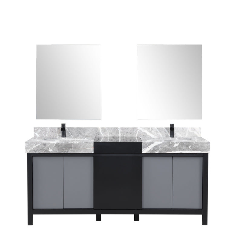 Lexora Zilara 72" Black and Grey Double Vanity, Castle Grey Marble Tops, White Square Sinks, Balzani Gun Metal Faucet Set, and 28" Frameless Mirrors - LZ342272DLISM28FBG