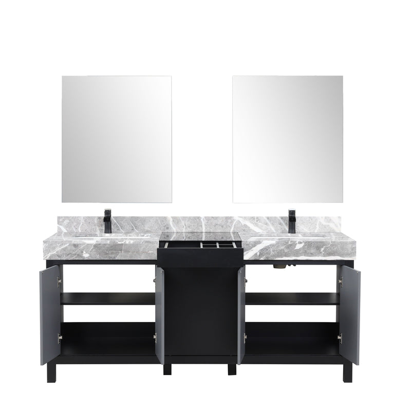 Lexora Zilara 72" Black and Grey Double Vanity, Castle Grey Marble Tops, White Square Sinks, Balzani Gun Metal Faucet Set, and 28" Frameless Mirrors - LZ342272DLISM28FBG